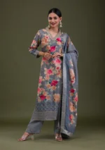 Grey Printed Semi Crepe Readymade Salwar Suit