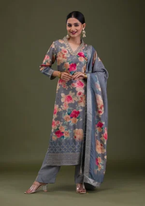 Grey Printed Semi Crepe Readymade Salwar Suit