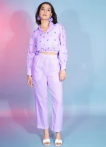 Beautiful Lavender Cotton Fabric Self Design Work Ready To Wear Co-Ord Collection