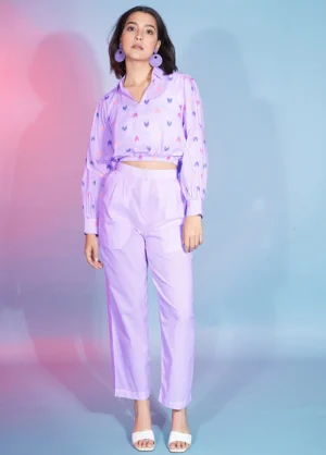Beautiful Lavender Cotton Fabric Self Design Work Ready To Wear Co-Ord Collection