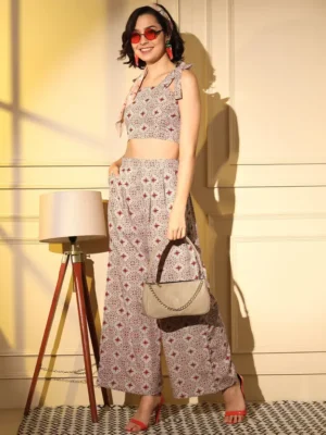 Beige Beautiful Printed Designer Readymade Co-Ords Set Collection
