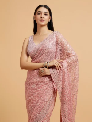 Blush Pink Bel Buti Embroidered Saree with Stone Embellishment