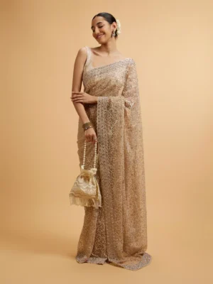 Beige Bel Buti Patterned Stone Embellished Saree